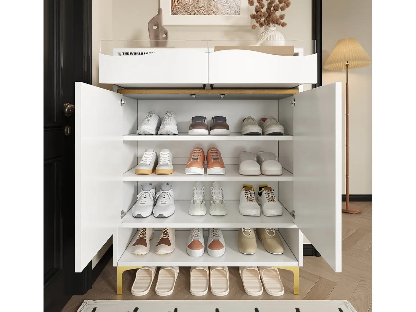 Zapatero blanco con luces LED de 16 colores, diseño moderno con cajones y estantes, para entrada, salón o pasillo