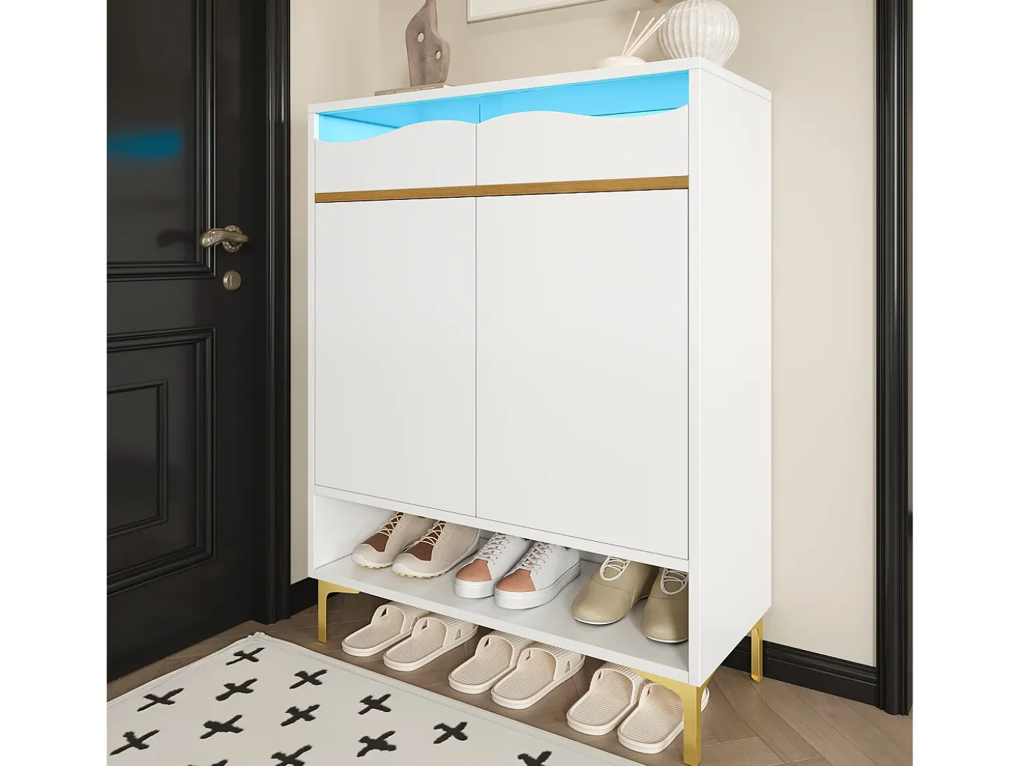 Zapatero blanco con luces LED de 16 colores, diseño moderno con cajones y estantes, para entrada, salón o pasillo