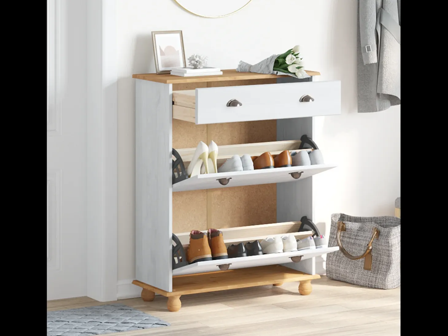 Zapatero Blanco 85x35x108 cm Madera Maciza de Pino