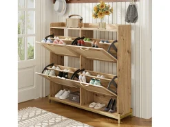Zapatero compacto de 4 puertas de madera y ratán - con estante - Estructura de metal - para entrada, pasillo o espacios pequeños