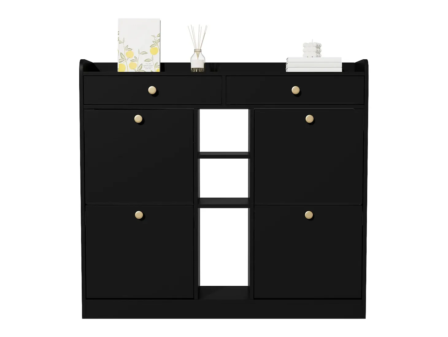 Zapatero con 2 cajones, 3 compartimentos abiertos y 4 puertas batientes - 110 x 26 x 100 cm - Tablero de partículas - Negro
