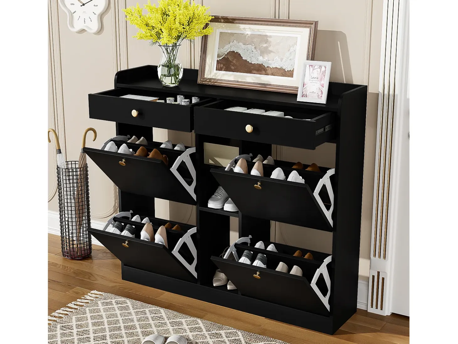 Zapatero con 2 cajones, 3 compartimentos abiertos y 4 puertas batientes - 110 x 26 x 100 cm - Tablero de partículas - Negro