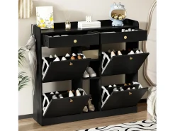 Zapatero con 2 cajones, 3 compartimentos abiertos y 4 puertas batientes - 110 x 26 x 100 cm - Tablero de partículas - Negro