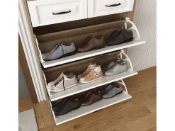 Zapatero con 2 cajones y 3 puertas - Tiradores negros - Blanco + natural