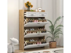 Zapatero con 2 cajones y 3 puertas - Tiradores negros - Blanco + natural