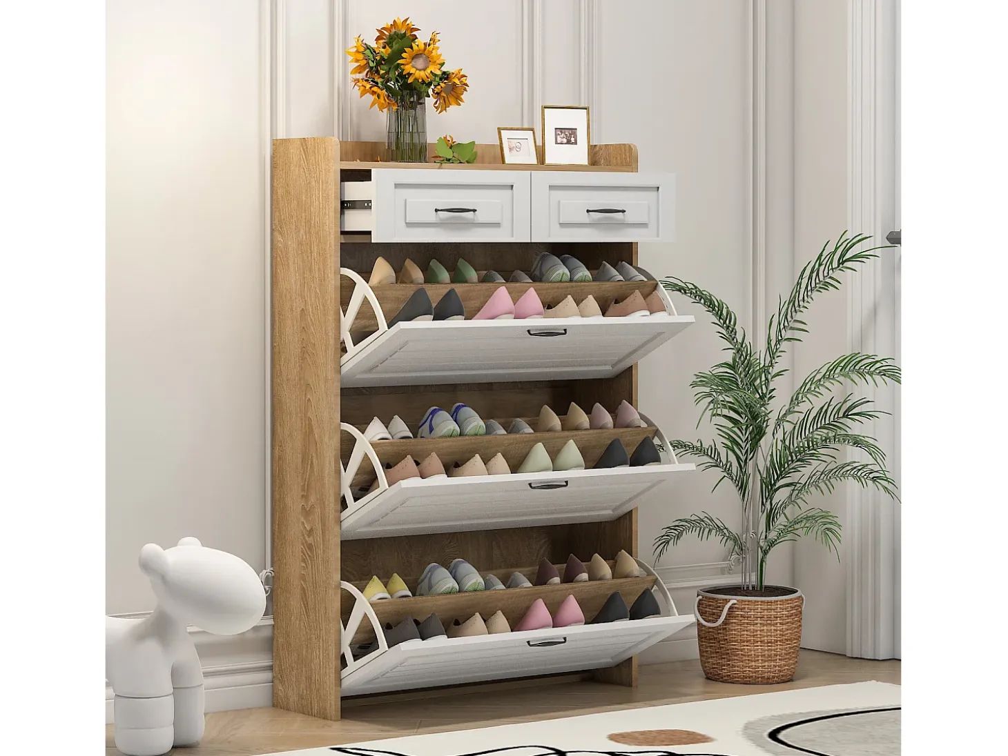 Zapatero con 2 cajones y 3 puertas - Tiradores negros - Blanco + natural