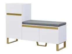 Zapatero con 3 puertas, 1 cajón y cojín - Blanco y dorado