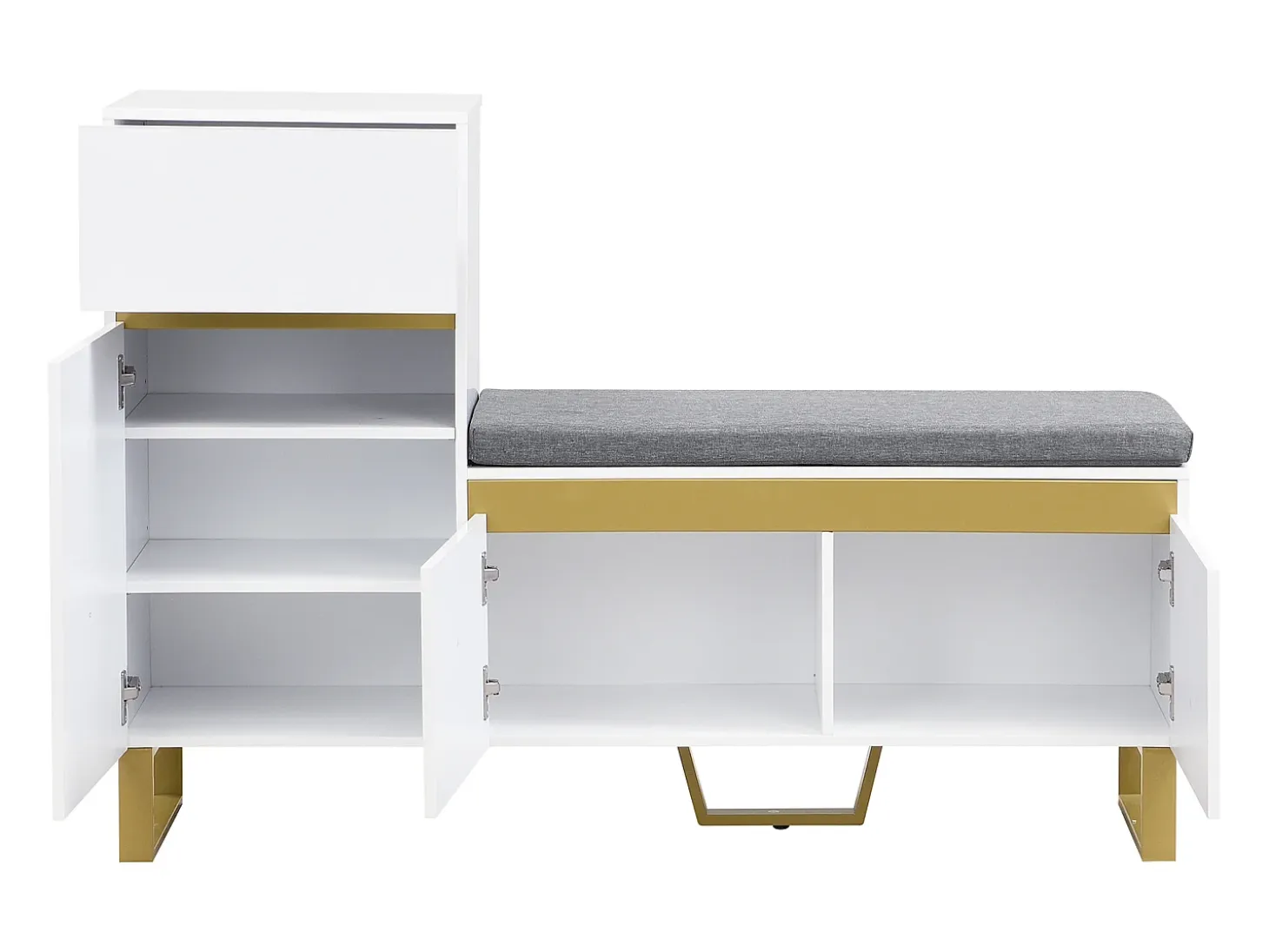 Zapatero con 3 puertas, 1 cajón y cojín - Blanco y dorado