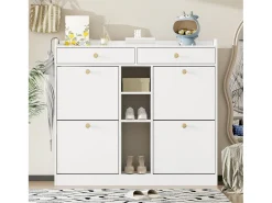 Zapatero con 4 puertas plegables, 2 cajones, estantes de almacenamiento, blanco (110x26x100 cm)