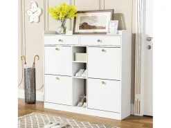 Zapatero con 4 puertas plegables, 2 cajones, estantes de almacenamiento, blanco (110x26x100 cm)