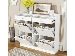 Zapatero con 4 puertas plegables, 2 cajones, estantes de almacenamiento, blanco (110x26x100 cm)