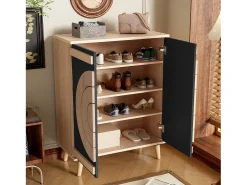 Zapatero con 2 puertas redondas y geométricas - Negro y natural claro
