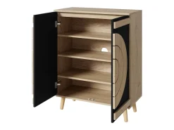 Zapatero con 2 puertas redondas y geométricas - Negro y natural claro