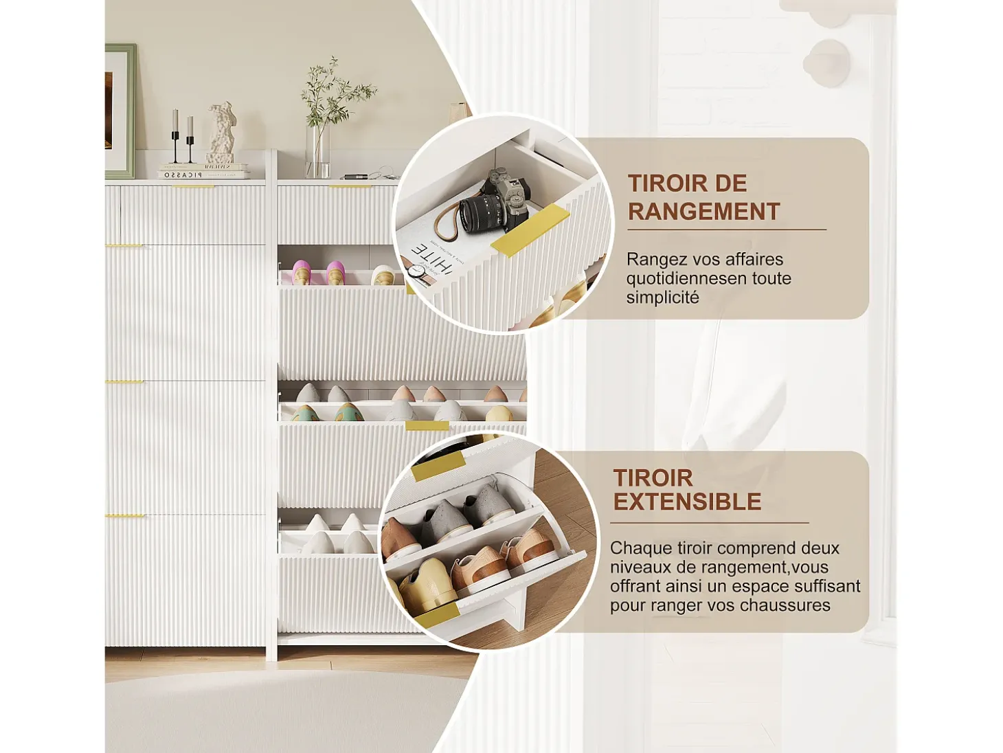 Zapatero con 3 puertas y 2 cajones, estante zapatero basculante, 77 x 24 x 133,5 cm, blanco