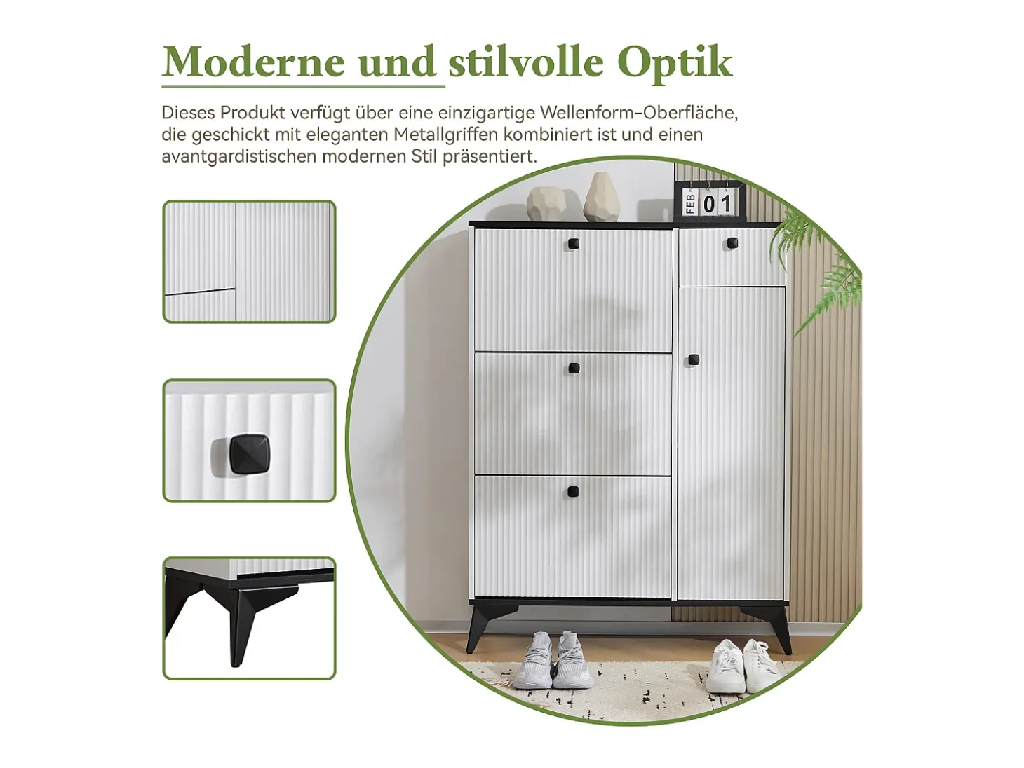 Zapatero con 3 solapas, 1 cajón y 1 puerta - 90 x 25 x 121 cm - Tablero de partículas y metal - Blanco