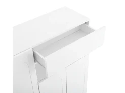 Zapatero con asiento acolchado - 3 puertas, 1 cajón - almacenamiento abierto - blanco