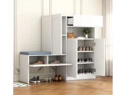 Zapatero con asiento acolchado - 3 puertas, 1 cajón - almacenamiento abierto - blanco