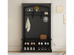 Zapatero con banco, 2 estantes para zapatos y perchero - 120 x 40 x 190 cm - Tablero de partículas - Negro