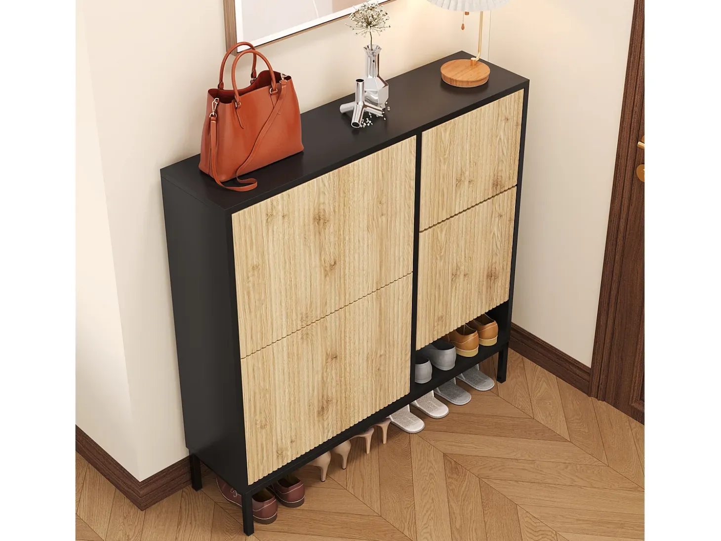 Zapatero con banco abatible - 3 puertas abatibles - Negro y Natural