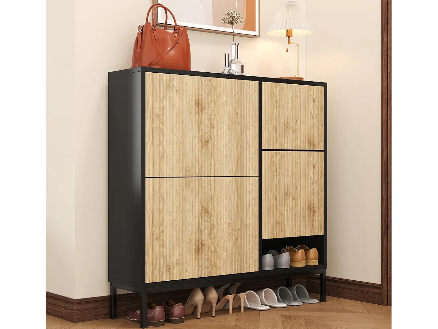 Zapatero con banco abatible - 3 puertas abatibles - Negro y Natural