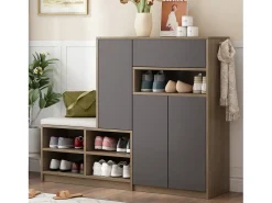 Zapatero con banco para zapatos, 3 puertas y 1 cajón, madera y gris - para recibidores