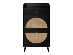 Zapatero con dos puertas y un cajón, aspecto ratán, diseño negro, MDF (60x24x110 cm)