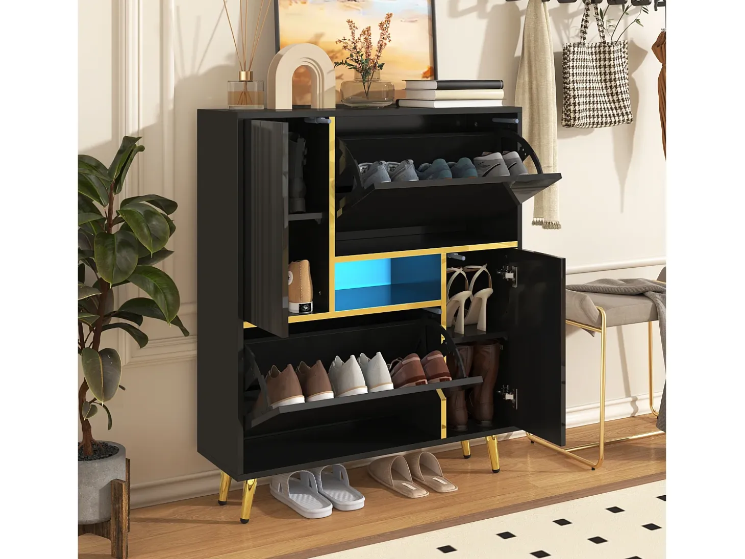 Zapatero con frente brillante - 80 x 25 x 96 cm - LED - Tablero de partículas - Negro