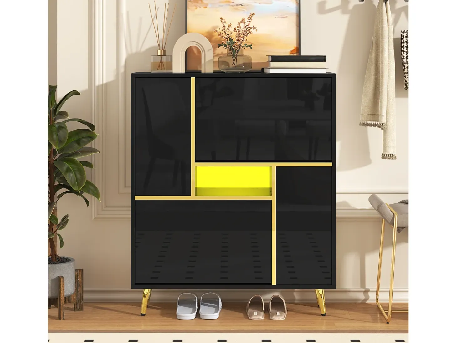 Zapatero con frente brillante - 80 x 25 x 96 cm - LED - Tablero de partículas - Negro