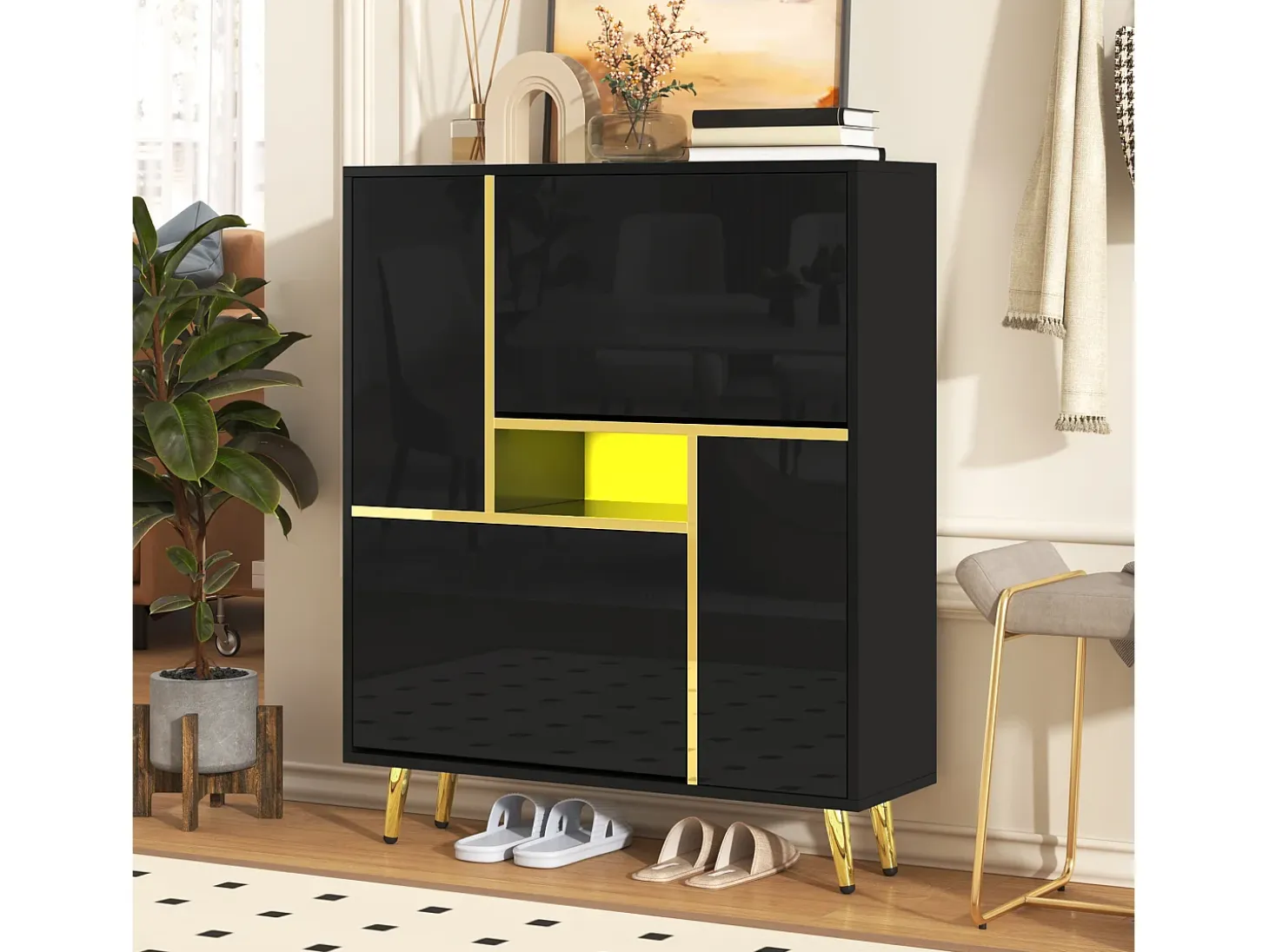 Zapatero con frente brillante - 80 x 25 x 96 cm - LED - Tablero de partículas - Negro