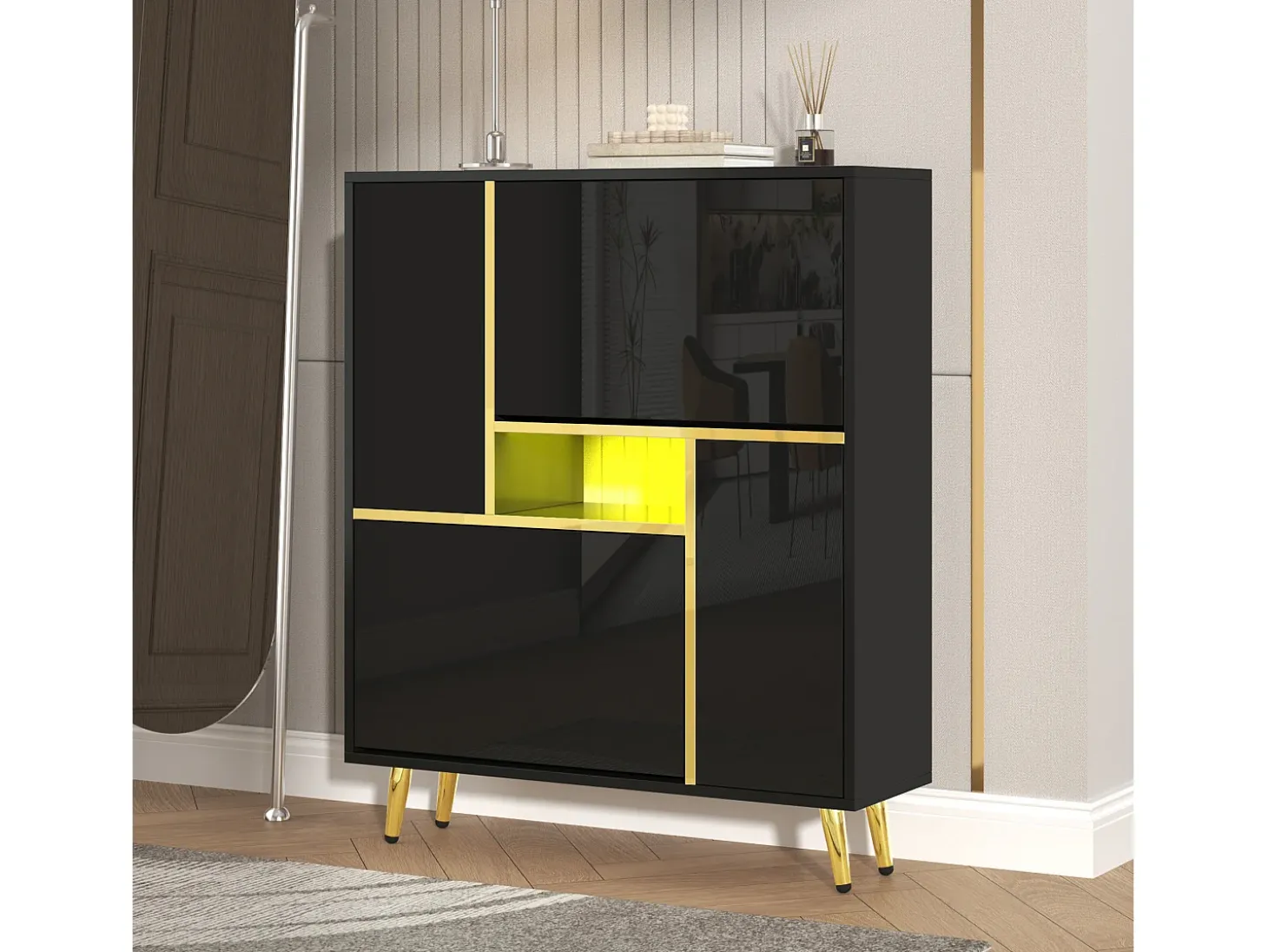 Zapatero con frente brillante - 80 x 25 x 96 cm - LED - Tablero de partículas - Negro