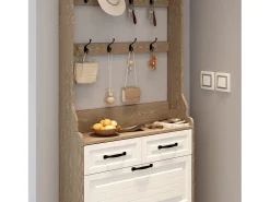 Zapatero con puerta, 3 puertas abatibles y 2 cajones, MDF, blanco y roble (80x23,5x220 cm)