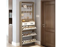Zapatero con puerta, 3 puertas abatibles y 2 cajones, MDF, blanco y roble (80x23,5x220 cm)