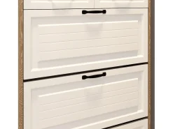 Zapatero con puerta, 3 puertas abatibles y 2 cajones, MDF, blanco y roble (80x23,5x220 cm)
