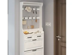 Zapatero con puerta, 3 puertas batientes y 2 cajones, MDF, blanco (80x23,5x220 cm)