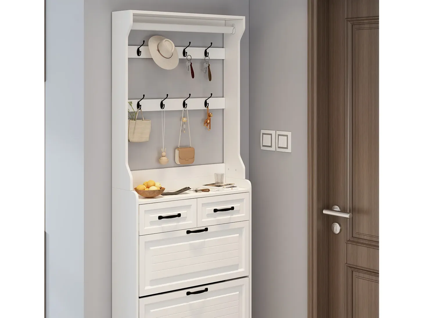Zapatero con puerta, 3 puertas batientes y 2 cajones, MDF, blanco (80x23,5x220 cm)