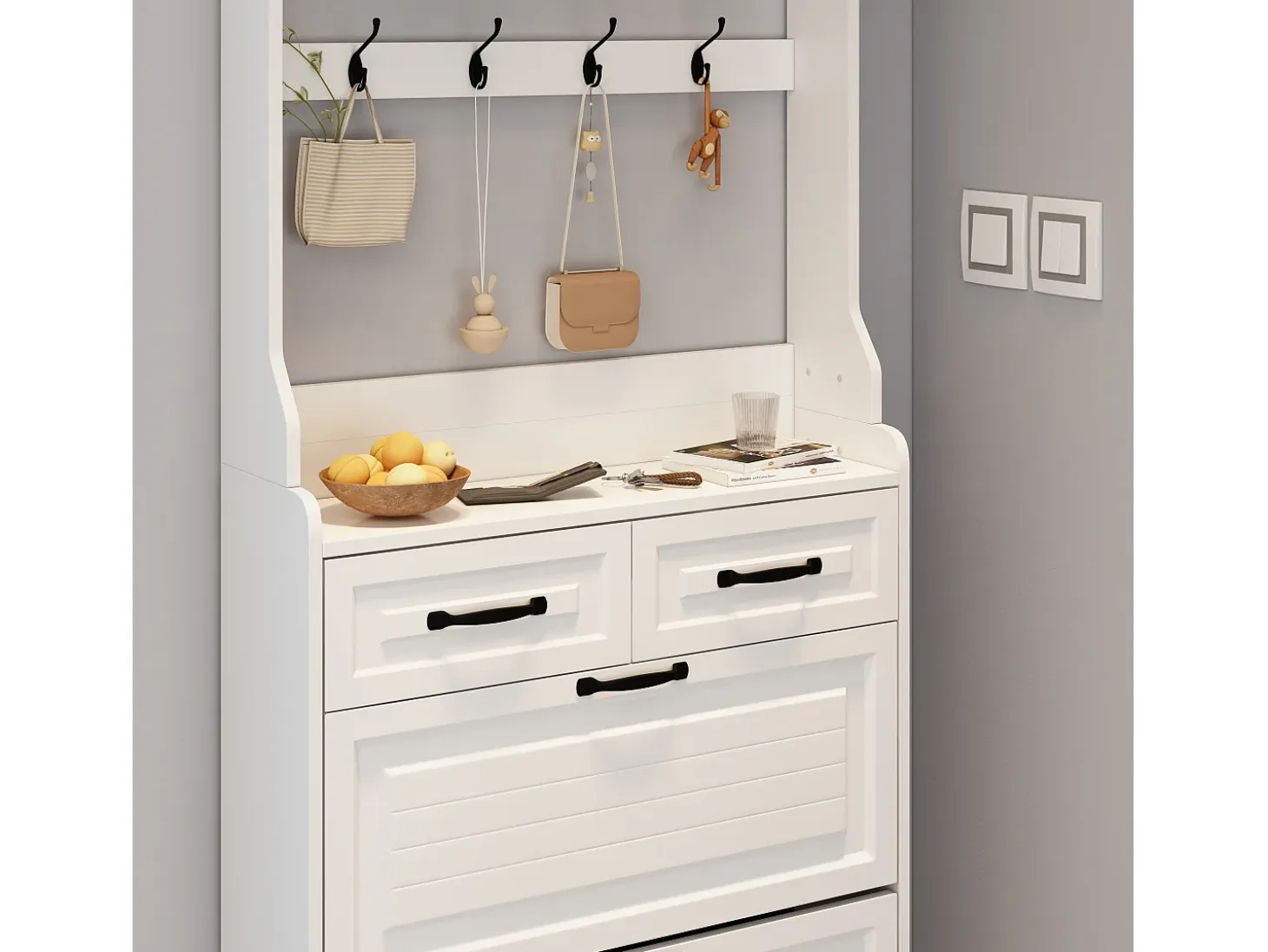 Zapatero con puerta, 3 puertas batientes y 2 cajones, MDF, blanco (80x23,5x220 cm)