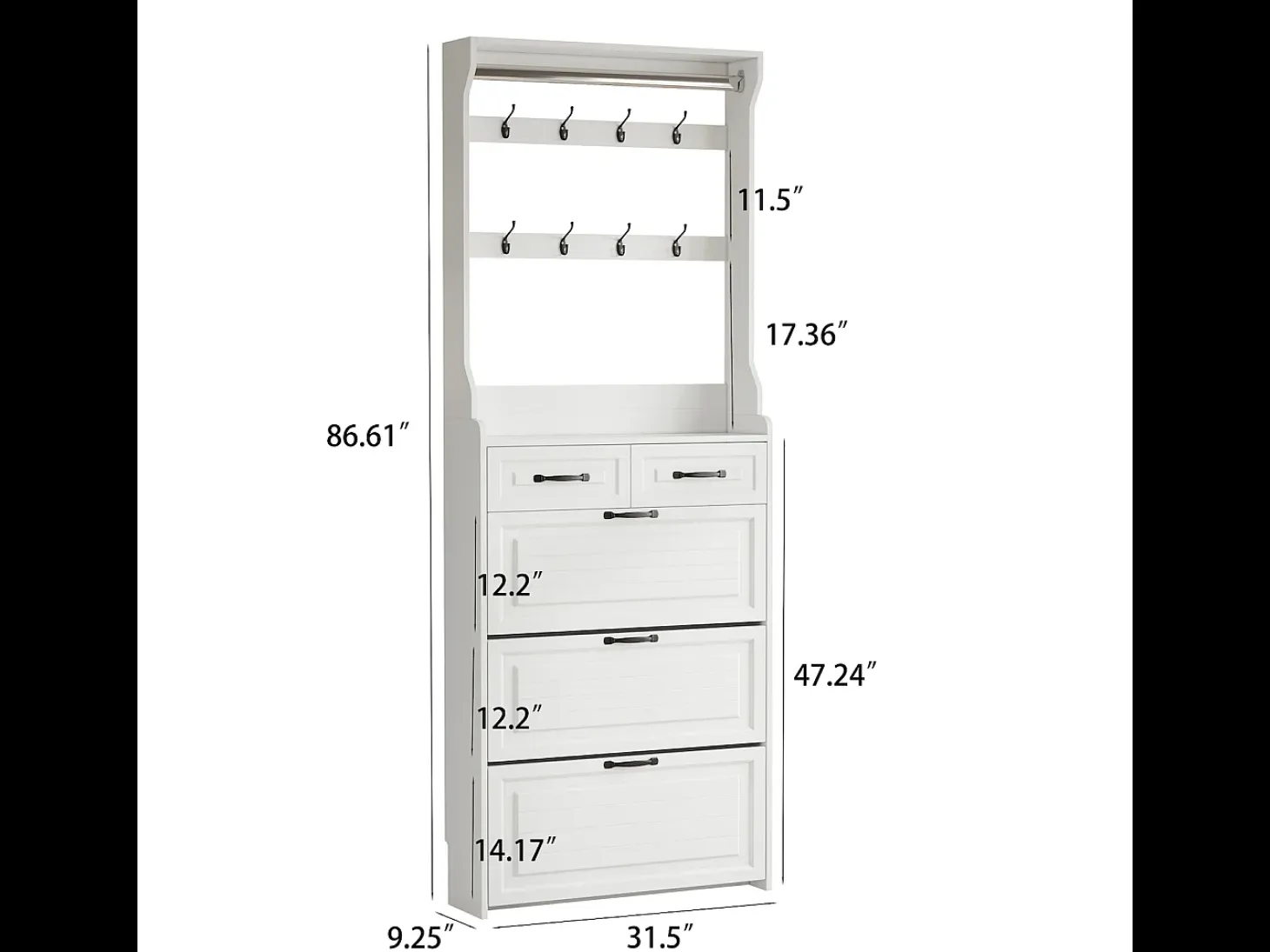 Zapatero con puerta, 3 puertas batientes y 2 cajones, MDF, blanco (80x23,5x220 cm)