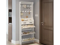 Zapatero con puerta, 3 puertas batientes y 2 cajones, MDF, blanco (80x23,5x220 cm)
