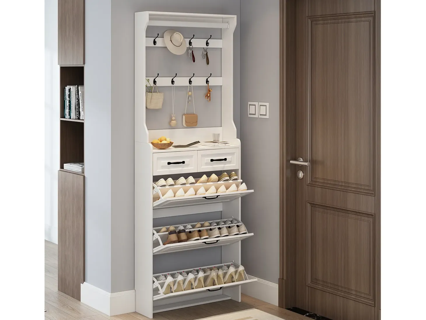 Zapatero con puerta, 3 puertas batientes y 2 cajones, MDF, blanco (80x23,5x220 cm)