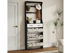 Zapatero con puerta, 3 puertas batientes y 2 cajones, MDF, blanco y negro (80x23,5x220 cm)