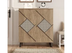 Zapatero con puertas cerradas y estampado decorativo de ratán, tablero aglomerado, madera (80x32x91cm)