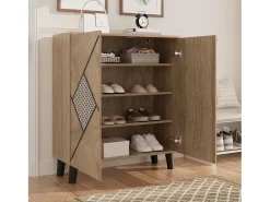 Zapatero con puertas cerradas y estampado decorativo de ratán, tablero aglomerado, madera (80x32x91cm)
