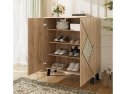 Zapatero con puertas cerradas y estampado decorativo de ratán, tablero aglomerado, madera (80x32x91cm)