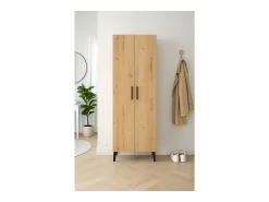 Zapatero de 2 Puertas – 68x35x195 cm, Color Roble Artisan y Blanco Interior, con 5 Baldas Regulables, Patas Altas y Tiradores Negros, Laminado Resiste