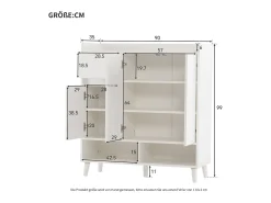 Zapatero de entrada con estantes regulables, 3 puertas y 1 cajón, patas de madera - blanco