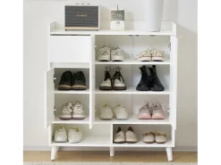 Zapatero de entrada con estantes regulables, 3 puertas y 1 cajón, patas de madera - blanco
