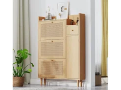 Zapatero de madera de ratán con 3 puertas y 1 cajón, 90 x 17 x 125 cm Natural