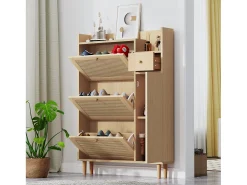 Zapatero de madera de ratán con 3 puertas y 1 cajón, 90 x 17 x 125 cm Natural