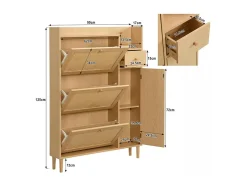 Zapatero de madera y ratán - 3 puertas abatibles y 1 cajón - balda regulable - Natural