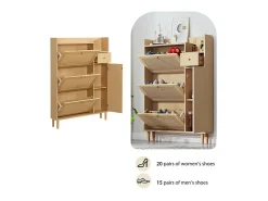 Zapatero de madera y ratán - 3 puertas abatibles y 1 cajón - balda regulable - Natural